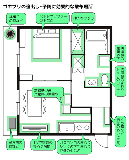 ゴキブリの追出し・予防に効果的な散布場所